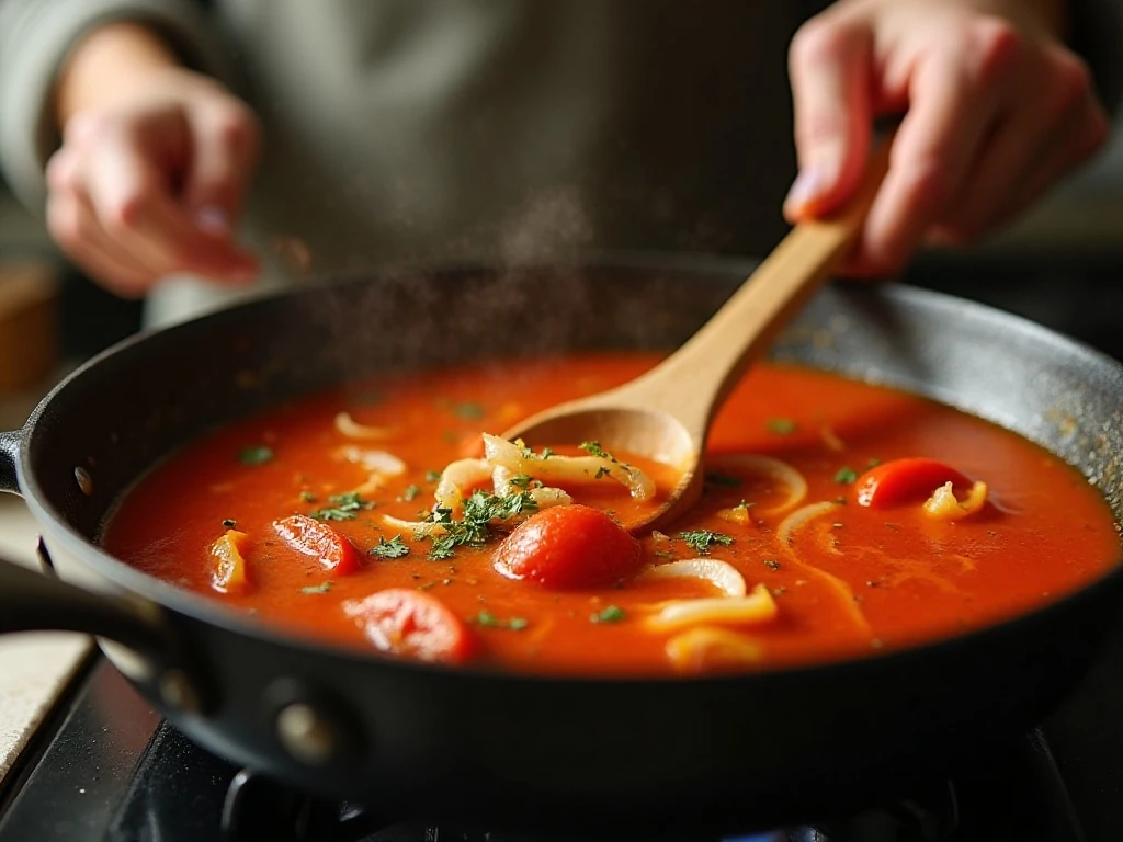 Tomato soup simmering with onions and garlic in a pot