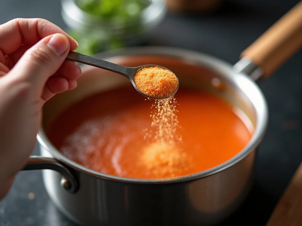 Baking soda being added to tomato soup to balance acidity