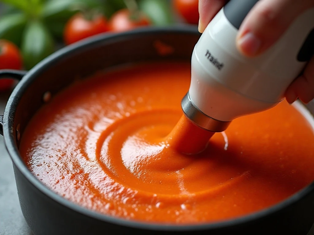 Blending tomato soup until smooth and creamy