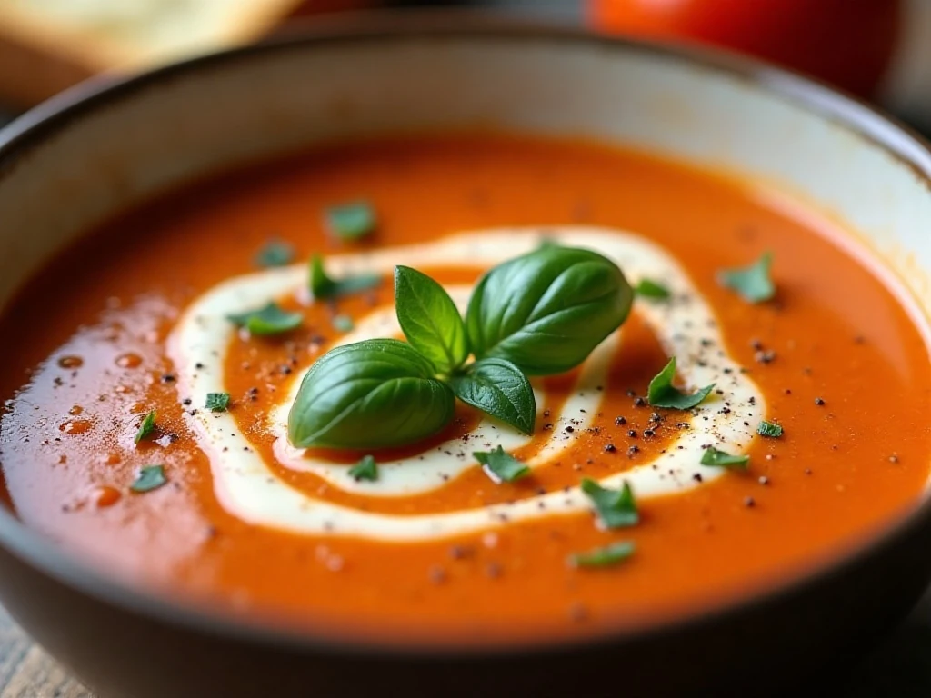 Tomato soup garnished with basil and a cream swirl