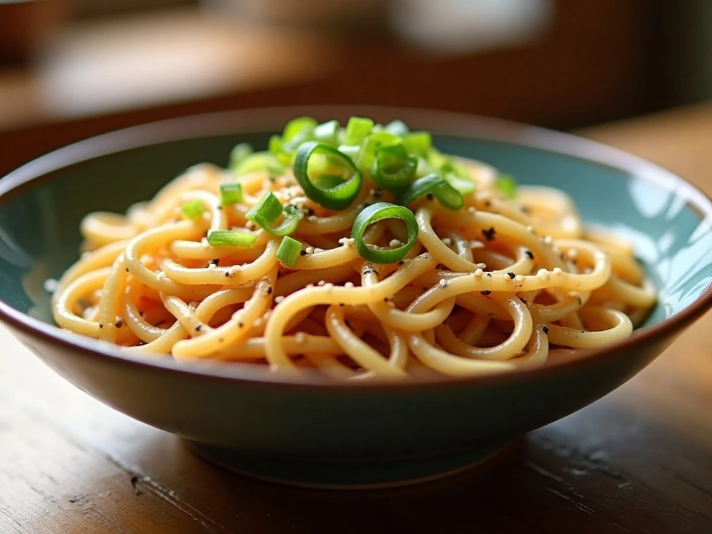Sesame peanut noodles in a bowl with scallions and sesame seeds