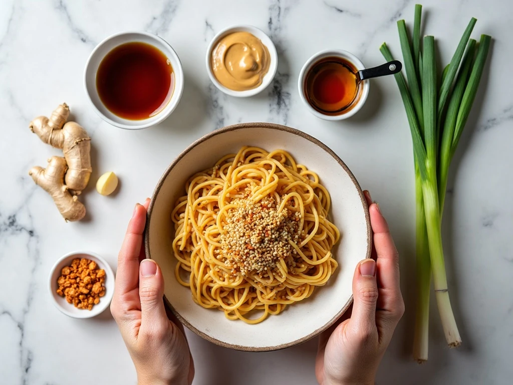 Ingredients for sesame peanut noodles arranged in a flat lay