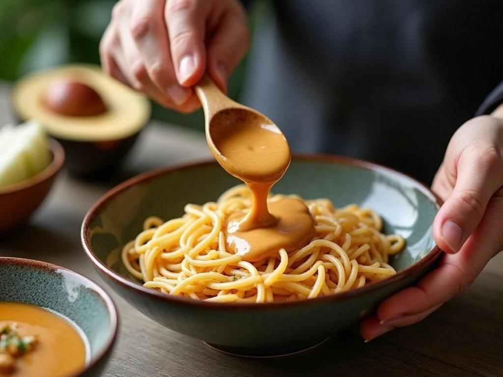 Whisking the creamy peanut sauce for sesame noodles