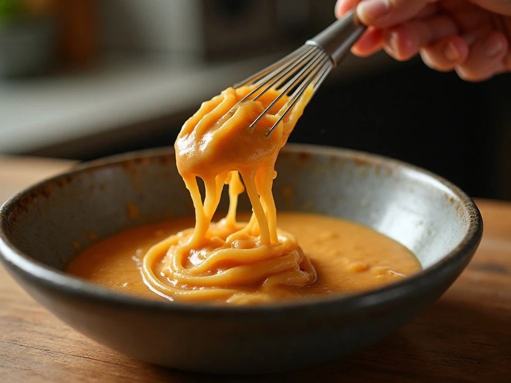 Loosening peanut noodle sauce with reserved noodle water