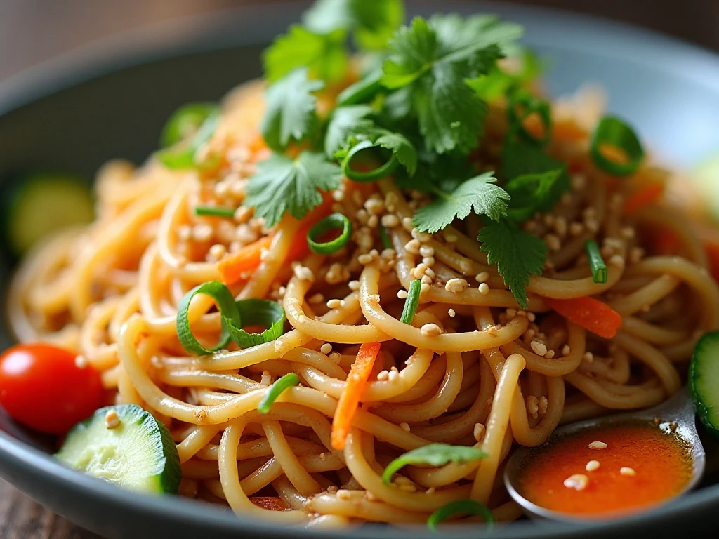 Sesame peanut noodles with vegetables, herbs, and chili crisp