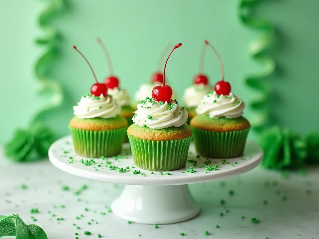 Green Shamrock Shake Cupcakes with mint buttercream and cherries