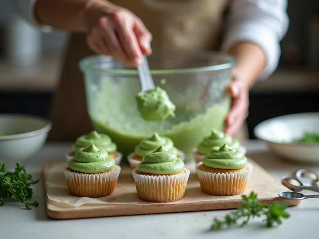 Green cupcake batter portioned into lined muffin pans