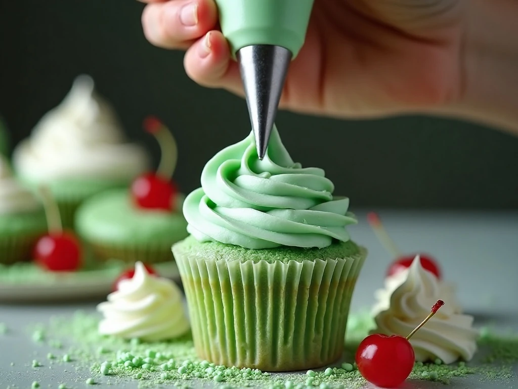 Piping mint buttercream onto Shamrock Shake Cupcakes