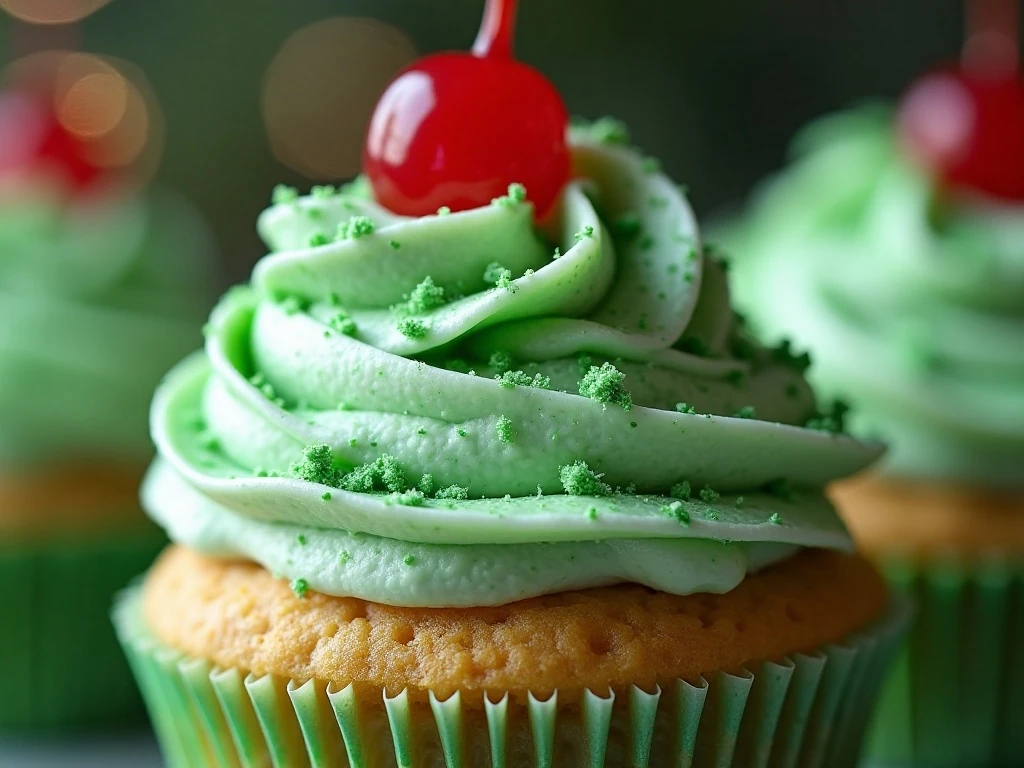 Close-up garnished Shamrock Shake Cupcake ready to serve
