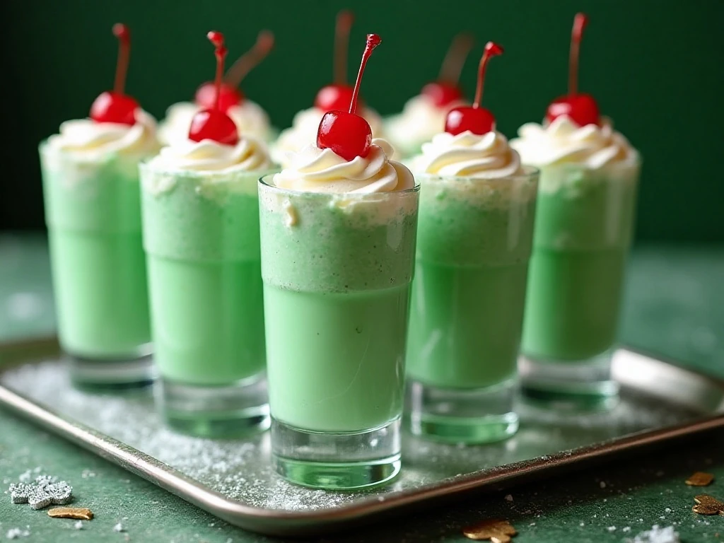 Six creamy green Shamrock Shake Shooters topped with whipped cream and cherries