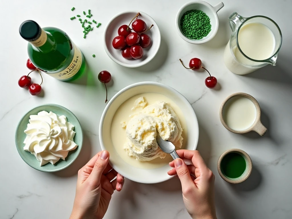 Ingredients for creamy Shamrock Shake Shooters arranged in a flat lay