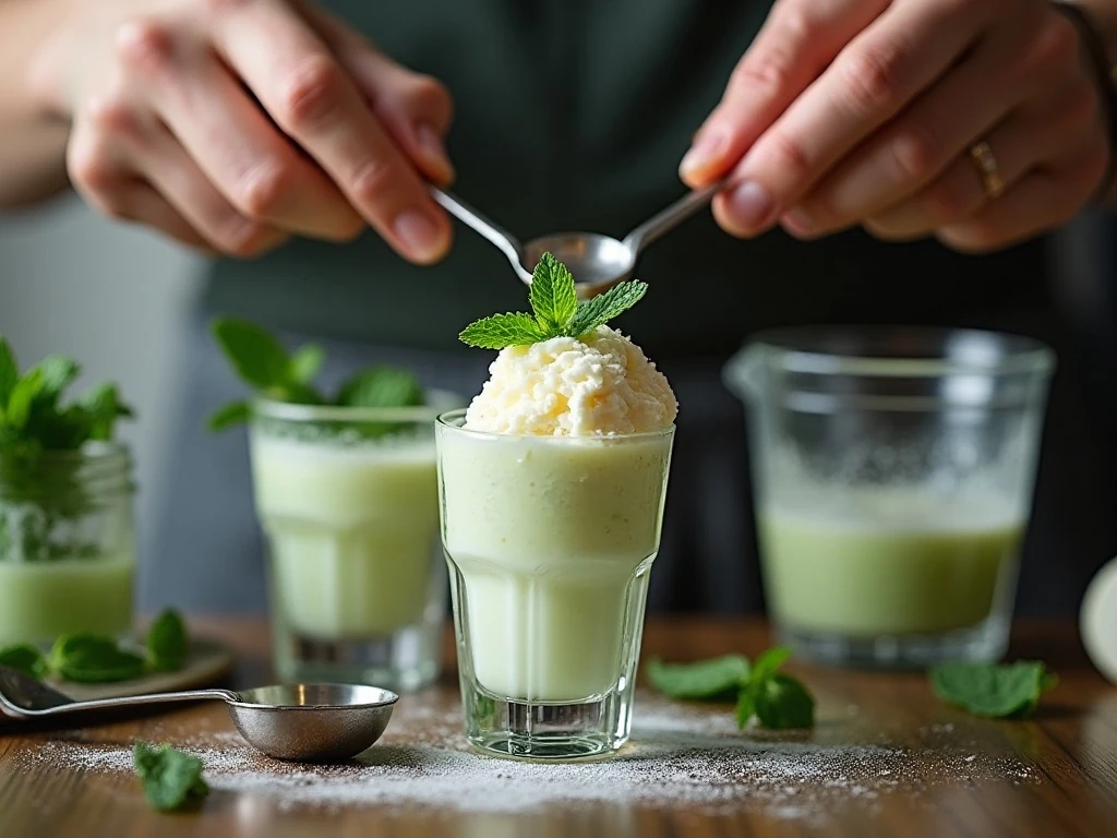 Measuring mint extract and preparing the creamy shake base