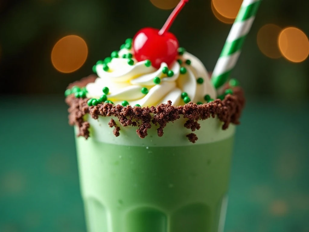 Close-up of a garnished Shamrock Shake Shooter with whipped cream and cherry