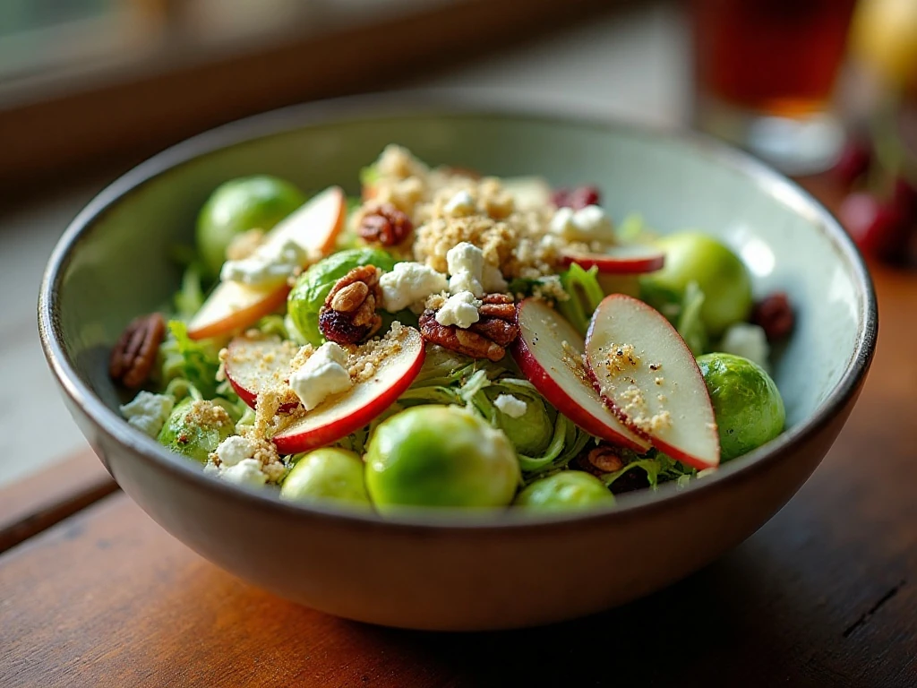 Shaved Brussels sprout salad with apples, goat cheese, cranberries, and toasted nuts