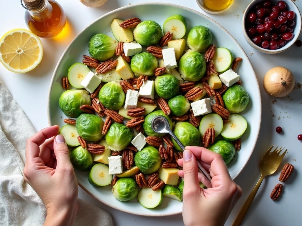 Ingredients for shaved Brussels sprout salad with apples and goat cheese