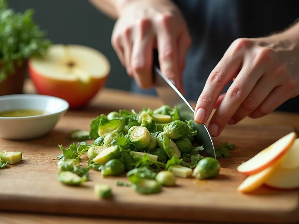 Preparing thinly shaved Brussels sprouts and apples for salad