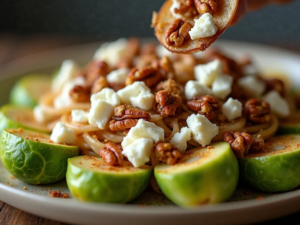 Toasted nuts and goat cheese topping shaved Brussels sprout salad