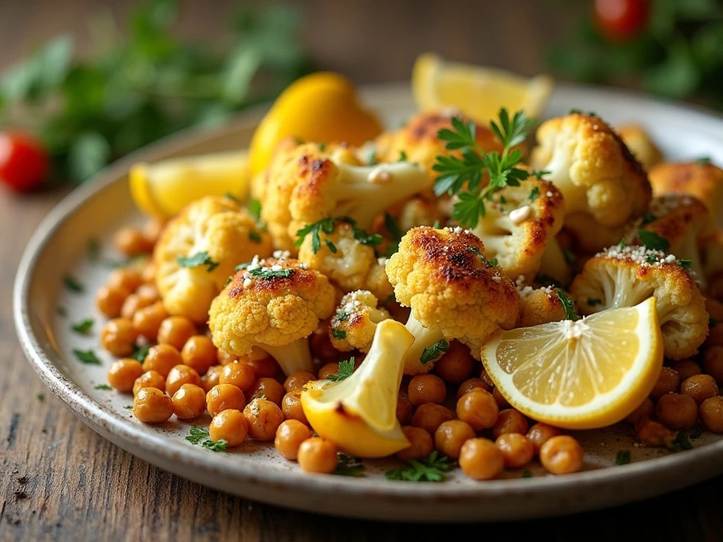 Roasted cauliflower and chickpeas served with lemon and tahini