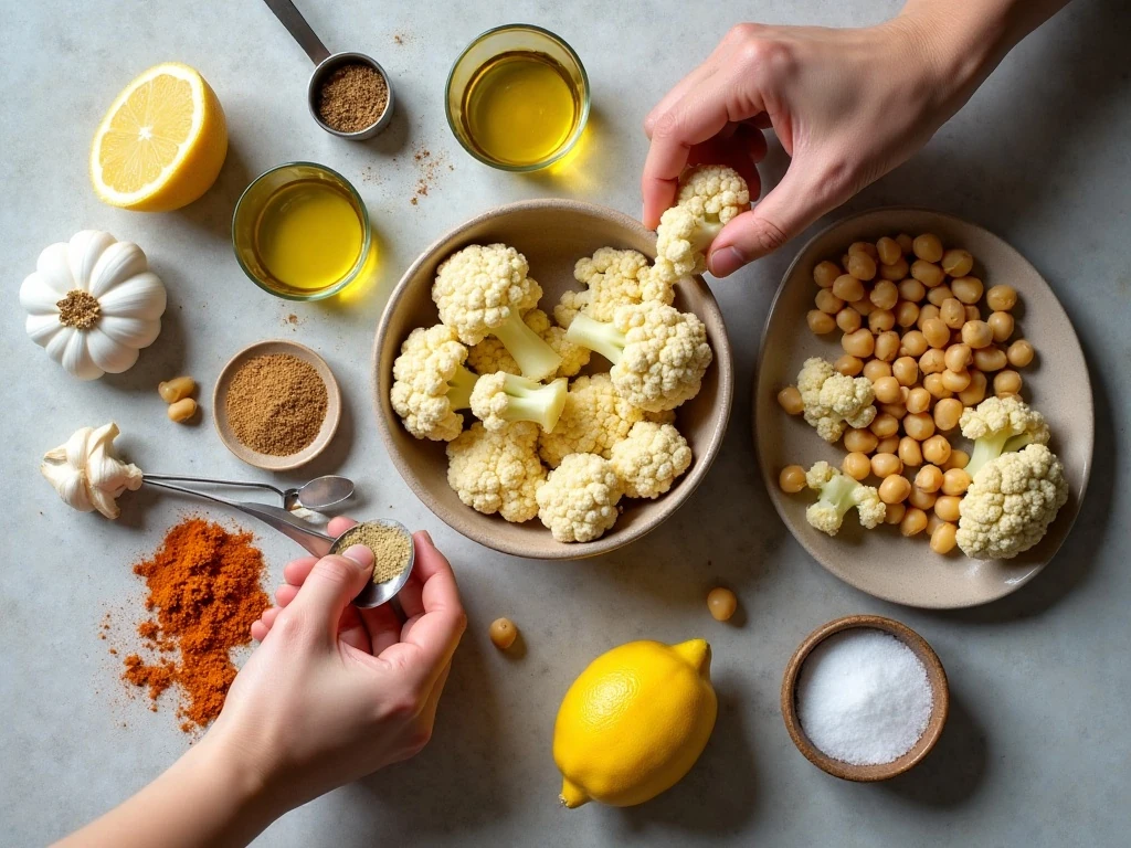 Ingredients for sheet pan cauliflower and chickpeas
