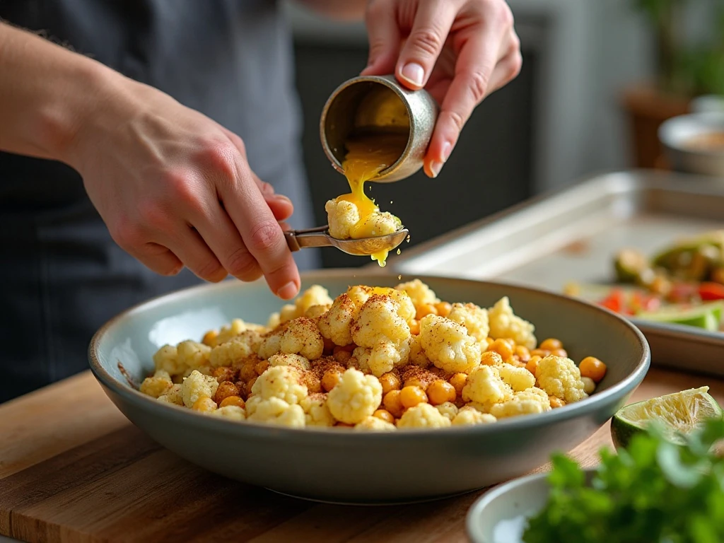 Seasoning cauliflower and chickpeas before roasting