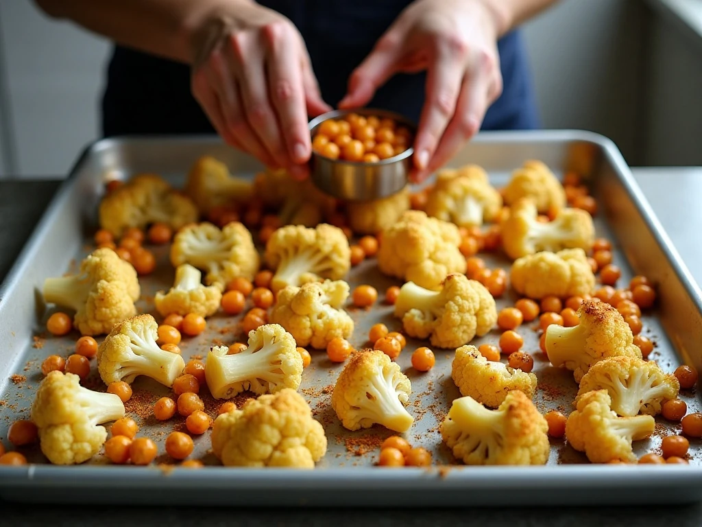 Cauliflower and chickpeas arranged for even browning