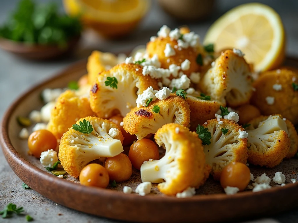 Tahini and fresh garnishes on roasted cauliflower and chickpeas