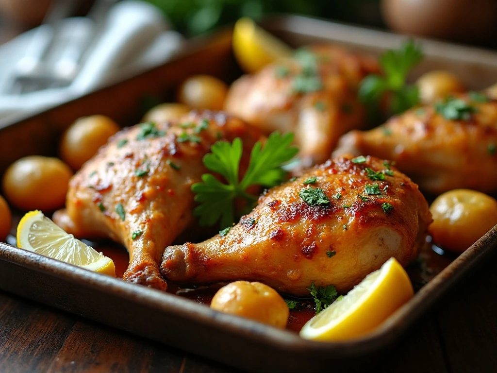 Crispy chicken thighs and golden roasted potatoes on a sheet pan