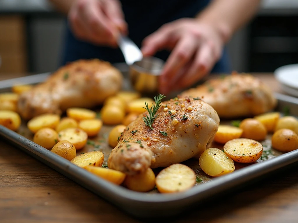 Seasoned potatoes and chicken arranged on a sheet pan before roasting