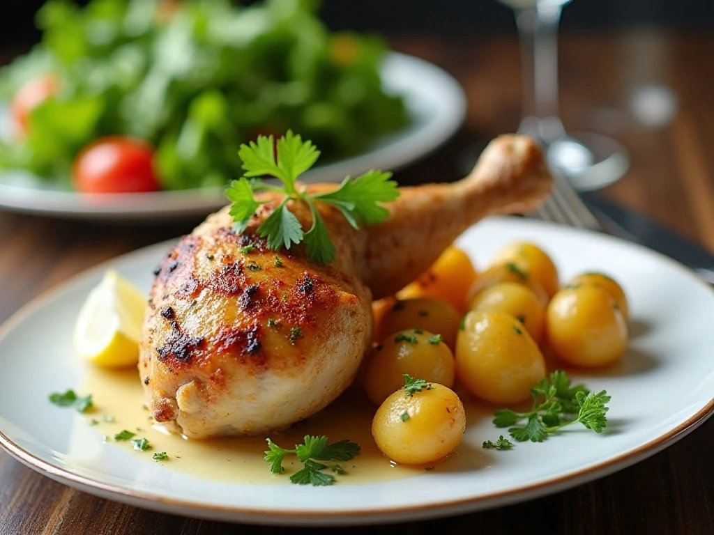Sheet pan chicken and potatoes served with lemon and parsley