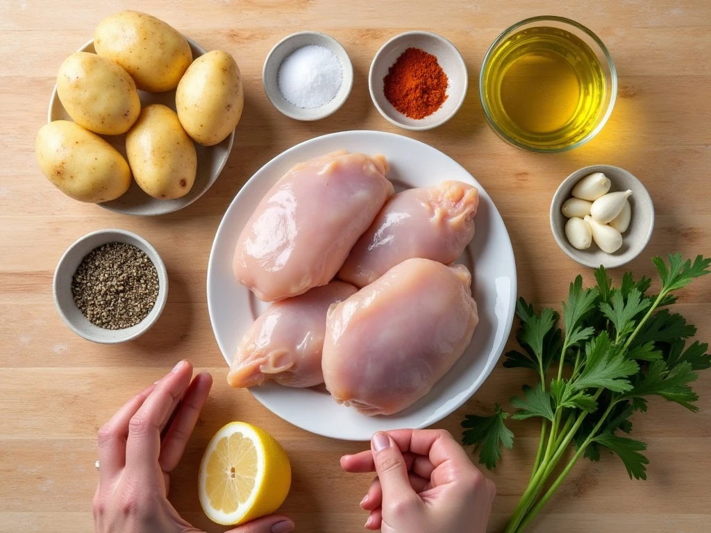 Ingredients for sheet-pan chicken and potatoes arranged on a counter