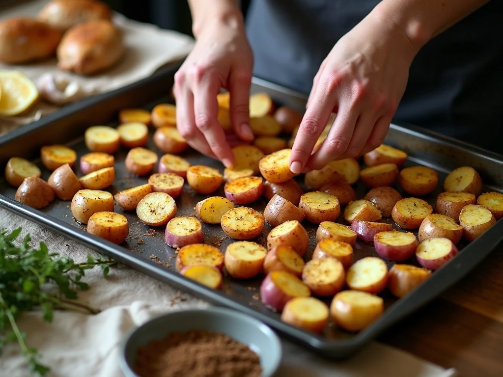 Potatoes and red onion arranged on a sheet pan before roasting