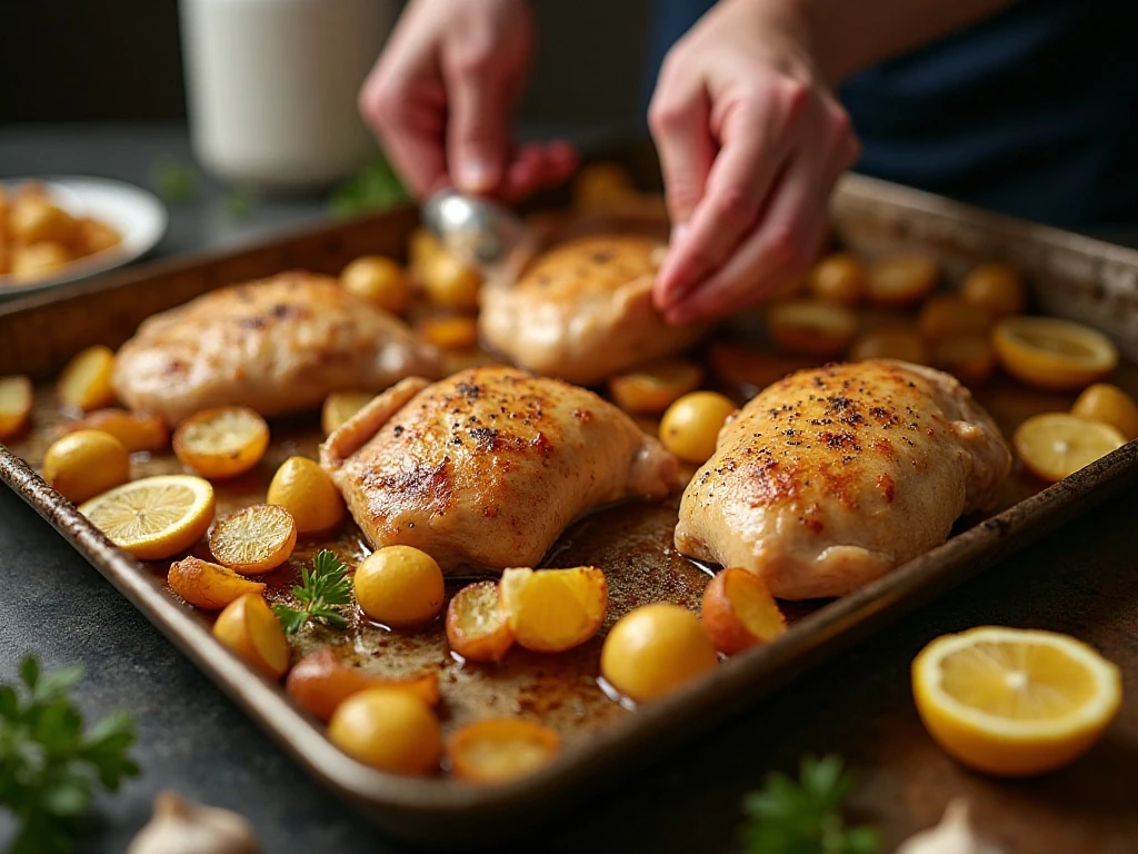 Chicken thighs placed skin-side up with partially roasted potatoes