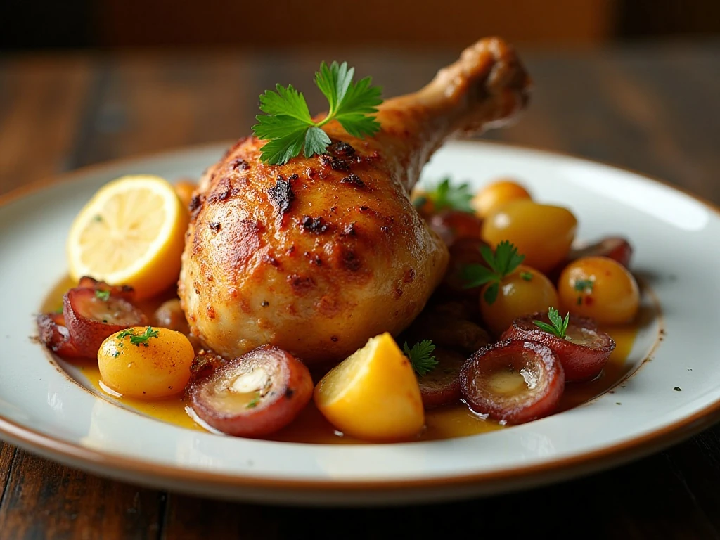 Serving of sheet-pan chicken with golden potatoes and roasted onion
