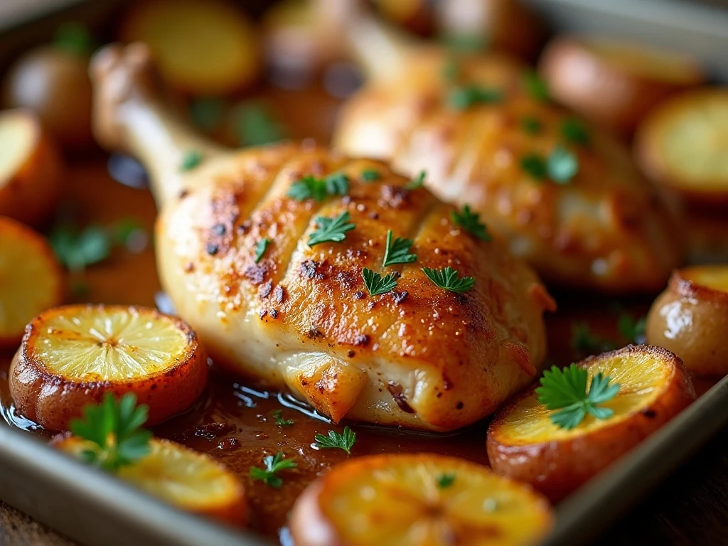 Close-up of crisp chicken skin, browned potatoes, lemon, and parsley