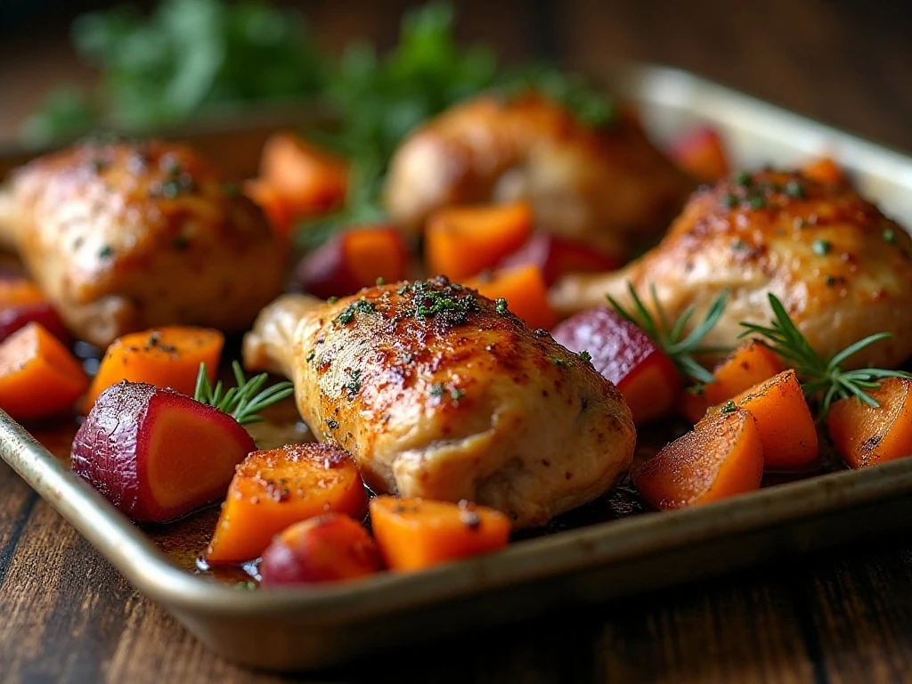 Roasted chicken thighs with sweet potatoes and red onion