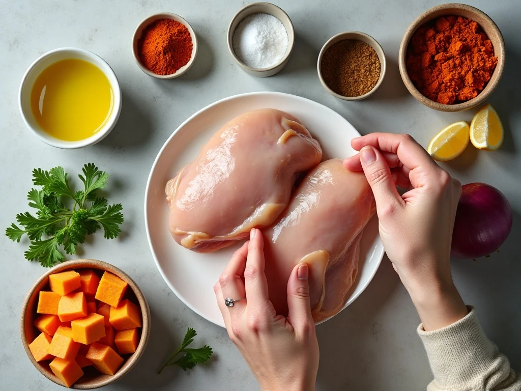Ingredients for sheet pan chicken and sweet potatoes
