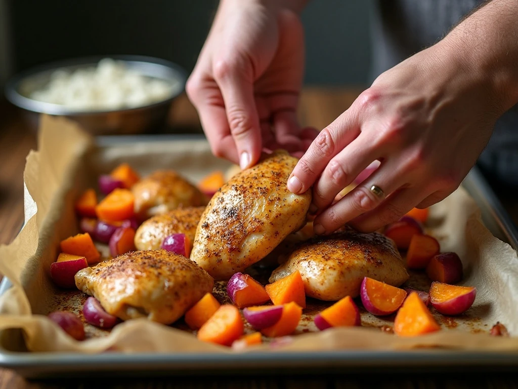Adding seasoned chicken to roasted vegetables on a sheet pan
