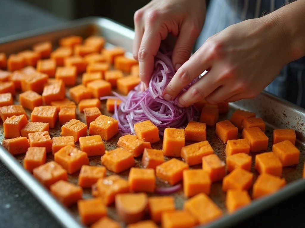 Sweet potatoes and red onion arranged in a single layer