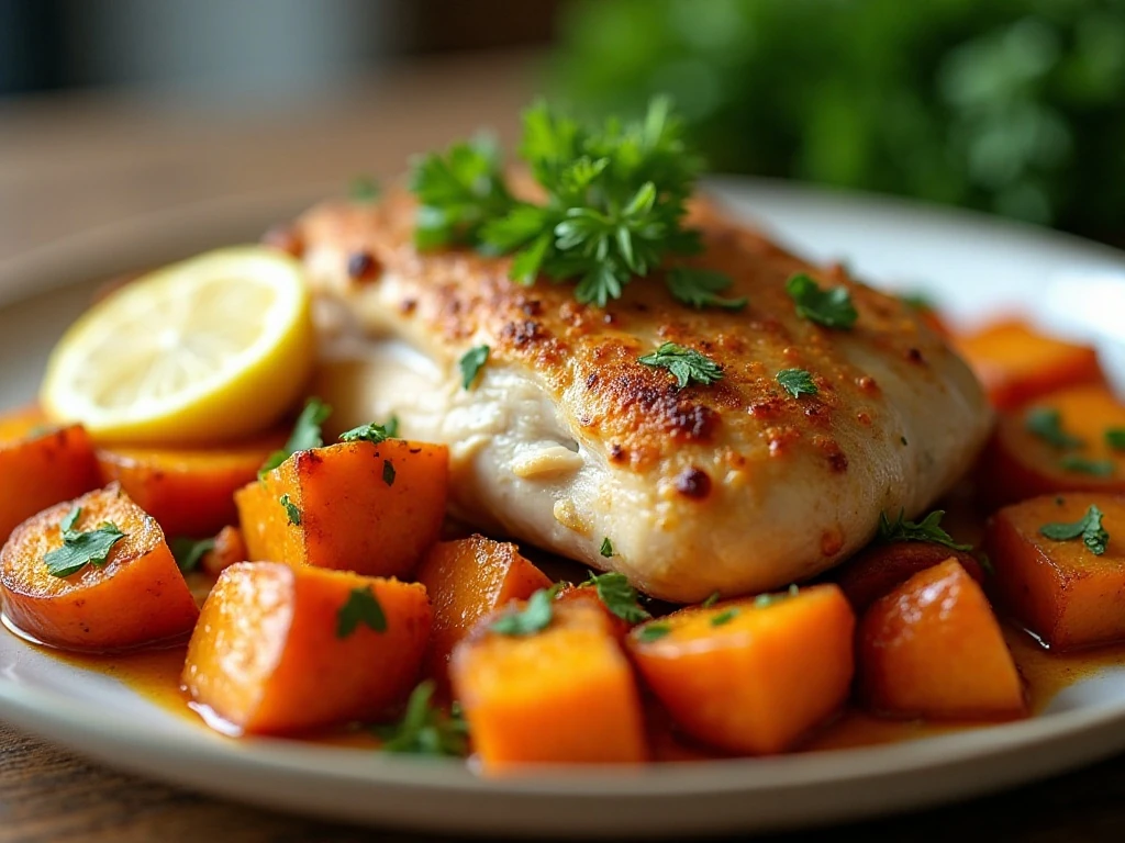 Sheet pan chicken and sweet potatoes served with parsley and lemon