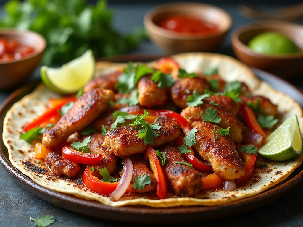 Colorful sheet pan chicken fajitas served with tortillas and fresh toppings