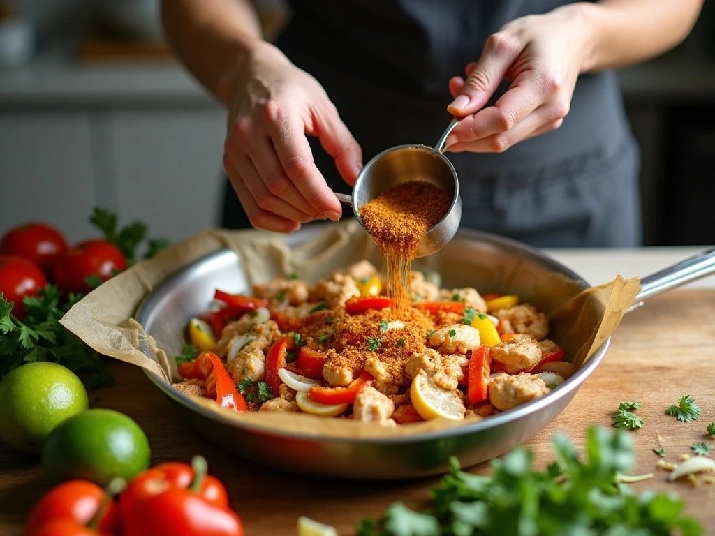 Chicken and vegetables being seasoned for sheet pan fajitas