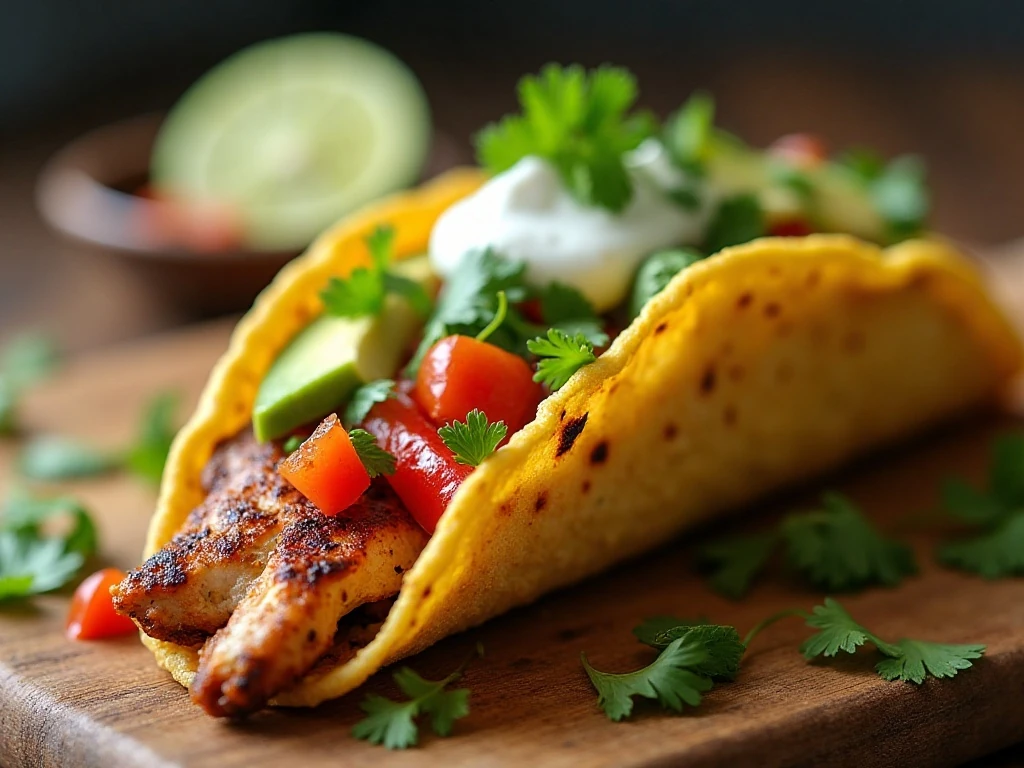 Chicken fajita tortilla with avocado cilantro and fresh toppings