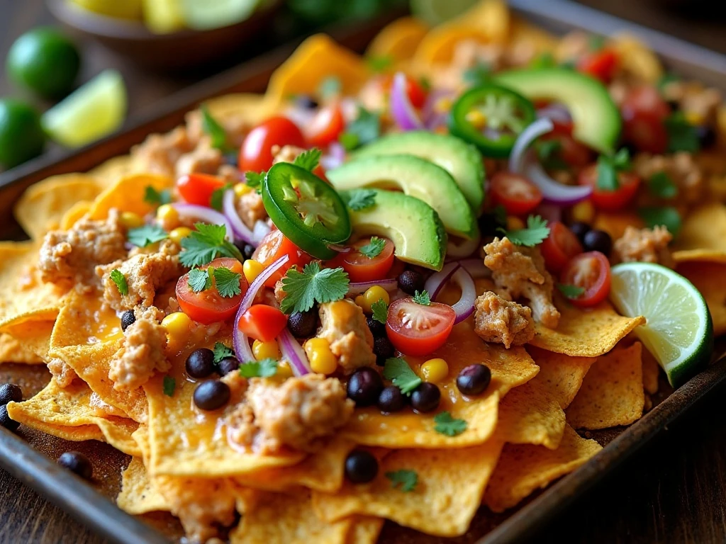 Loaded sheet pan chicken nachos ready to serve