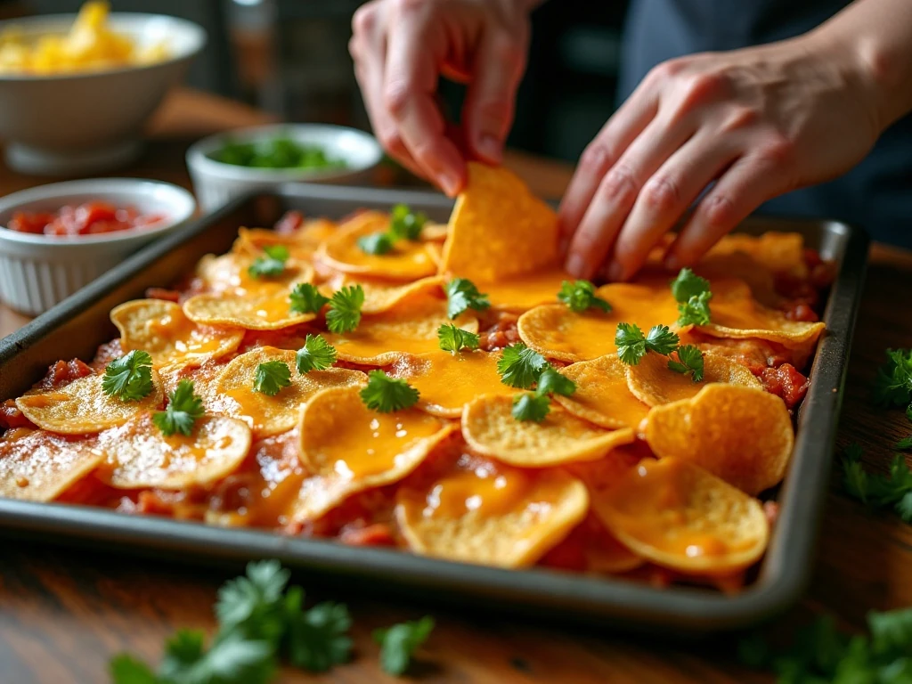 Freshly baked cheesy chicken nachos before final toppings