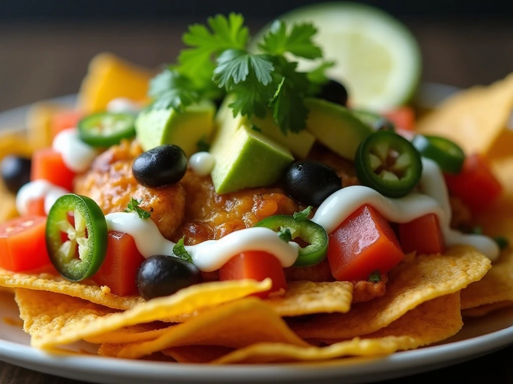 Fresh toppings and lime on loaded chicken nachos