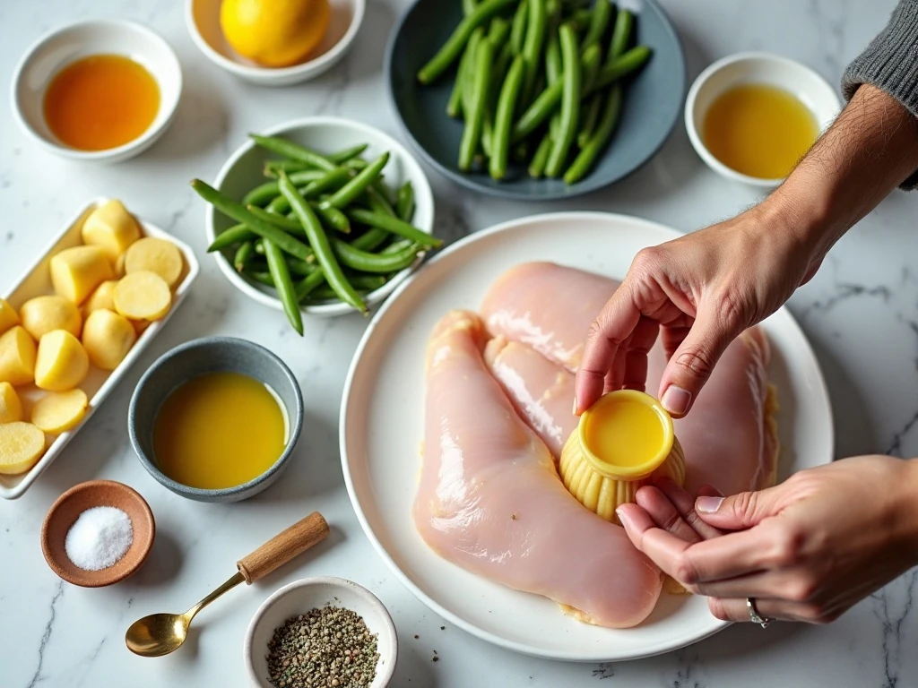Ingredients for honey mustard chicken with potatoes and vegetables
