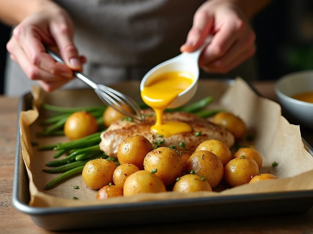 Preparing honey mustard chicken and vegetables for a sheet pan dinner