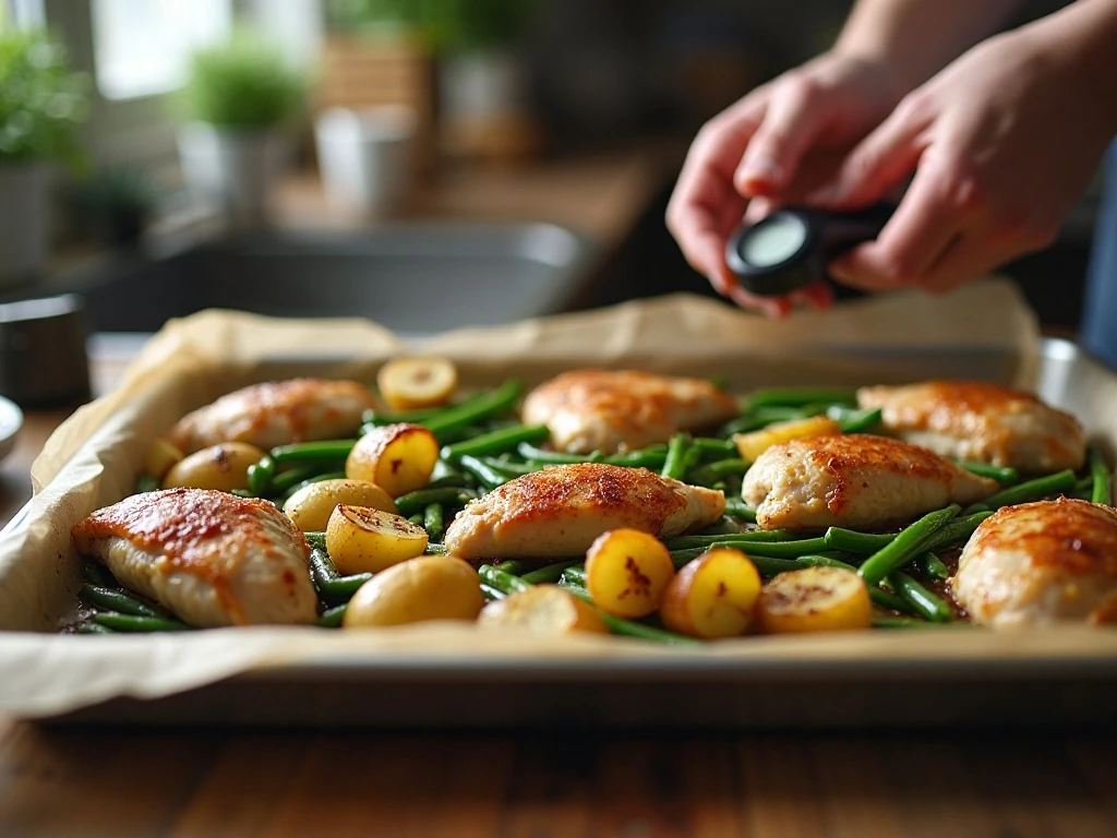 Evenly spacing chicken and vegetables on a sheet pan