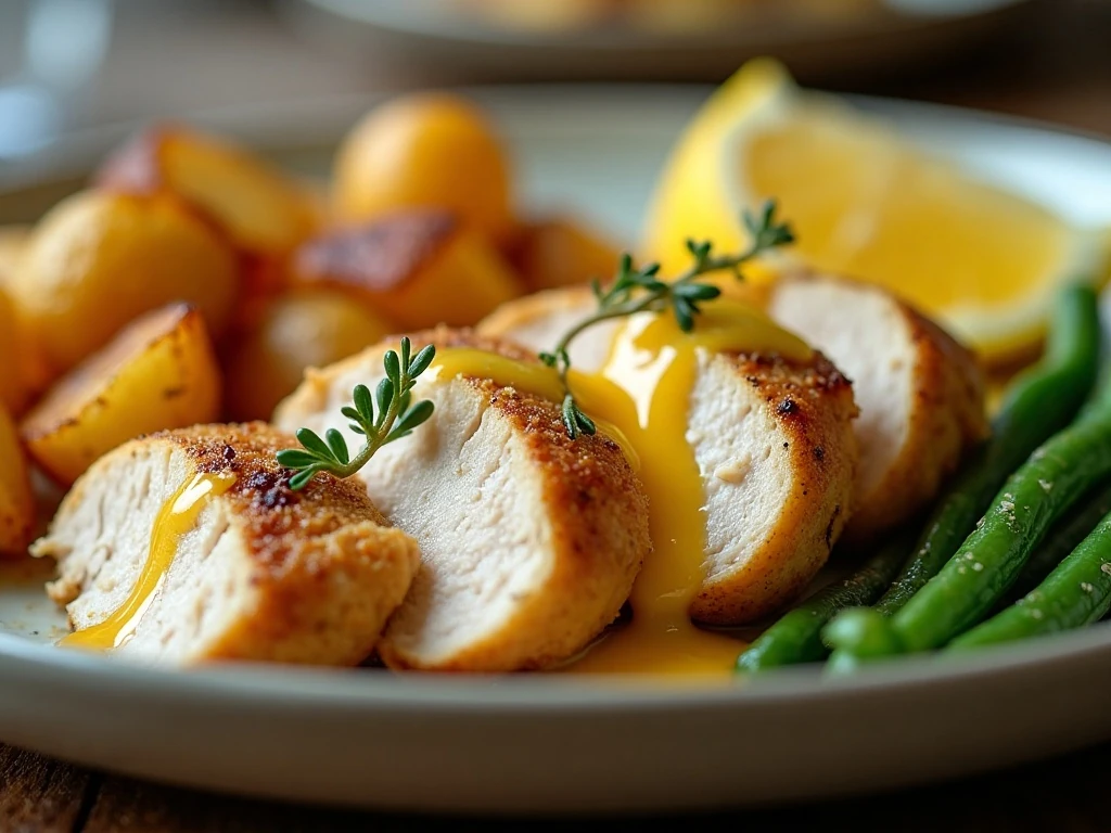 Honey mustard chicken served with potatoes, vegetables, and lemon