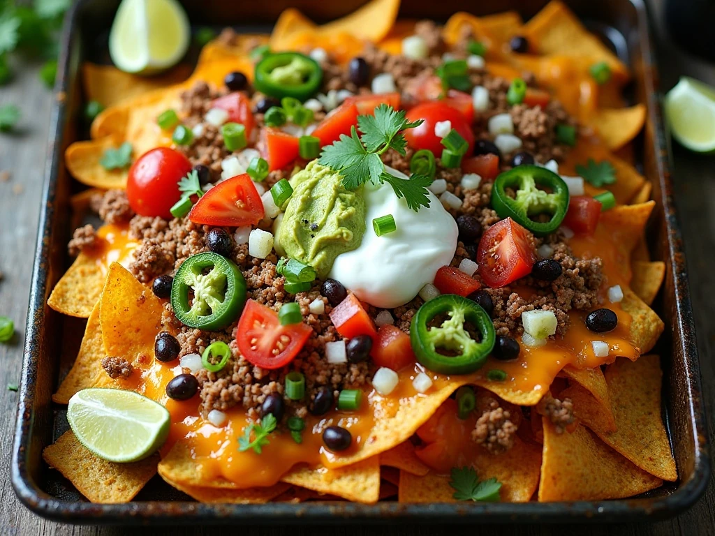 Crispy cheesy sheet pan nachos ready to serve